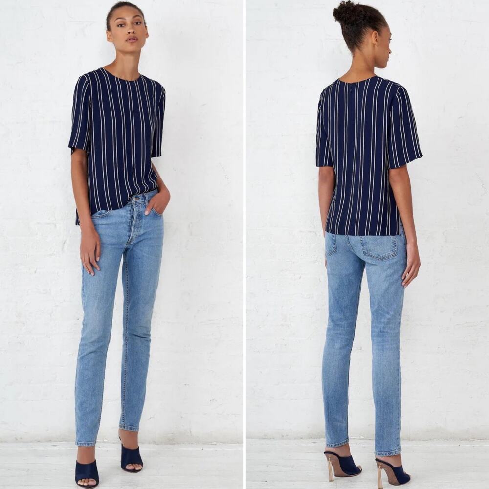 LA LIGNE Luxe Top Navy Blue White Striped Short‎ Sleeve Blouse Size XS Oversized